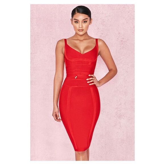 House of CB London  Red Tie Waist Bandage Dress Size M - Picture 2 of 7